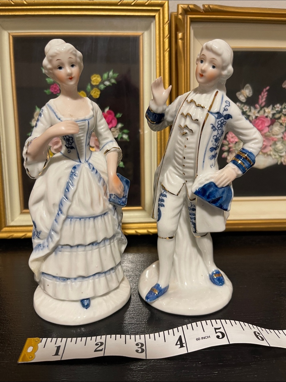 Hand-Painted White and Blue Porcelain Couple Figurines - Brand Unknown